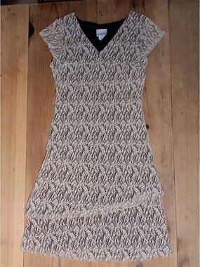 Vtg Fashion Bug Y2K 90s Mini Dress Women 6 Black Tan Sheer Sleeve Mesh Crochet